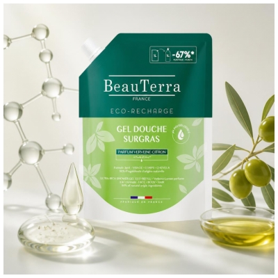 BeauTerra Gel Douche Surgras au Verveine Citron Éco Recharge 1 Litre