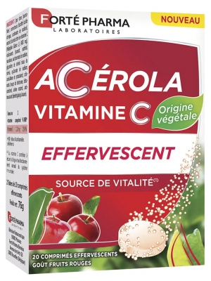 Forté Pharma Acérola Vitamine C Origine Végétale - Effervescent - Source de Vitalité - 20 Comprimés
