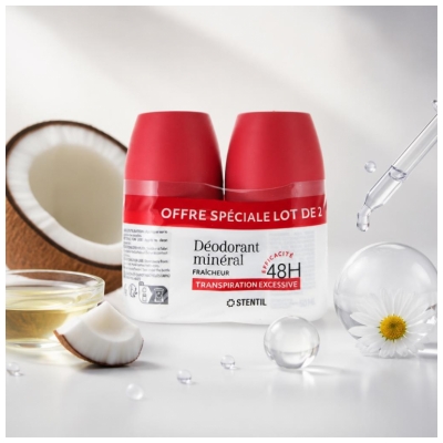 Stentil Déodorant Minéral Fraîcheur Transpiration Excessive 48H Roll-On 2 x 50 ml