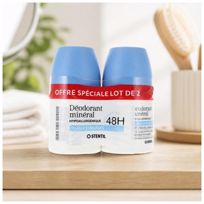 Stentil Déodorant Minéral Peaux Sensibles 48H Roll-On 2 x 50 ml