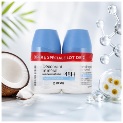 Stentil Déodorant Minéral Peaux Sensibles 48H Roll-On 2 x 50 ml