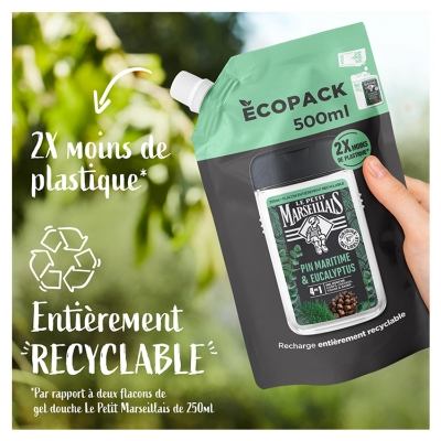 Le Petit Marseillais Gel Douche Rafraîchissant 4 en 1 Pin Maritime et Eucalyptus Éco Recharge 500 ML
