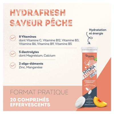 Vitavea Hydrafresh Hydratation & Énergie 20 Comprimés - Goût : Pêche