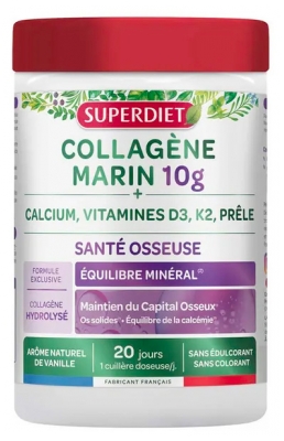 Superdiet Collagène Marin 10 g + Calcium, Vitamine D3, K2, Prêle 240 Grammes