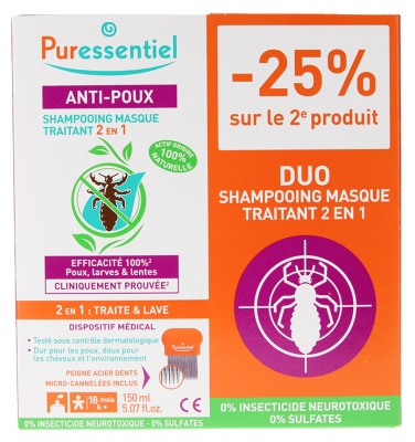 Puressentiel Anti-Poux Shampoing Masque Traitant 2en1 Lot 2 x 150 ML