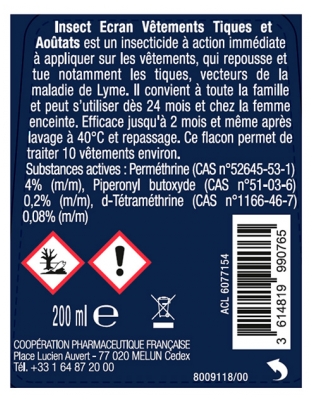 Insect Ecran Vêtements Spray Insecticide Tiques et Aoûtats Dès 2 ans 200 ml