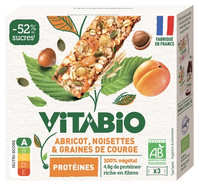 Vitabio Noisettes Abricot & Graines de Courge Protéines Bio 3 Barres