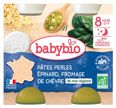 Babybio Bonne Nuit Pâtes Perles Fromage de Chèvre Épinard 8 Mois et + Bio 2 Pots de 200 g