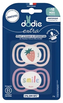 Dodie Extra 2 Sucettes Anatomiques 18 Mois et + - Modèle : Fraise/Smile