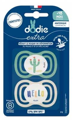 Dodie Extra 2 Sucettes Anatomiques 18 Mois et + - Modèle : Cactus/Hello