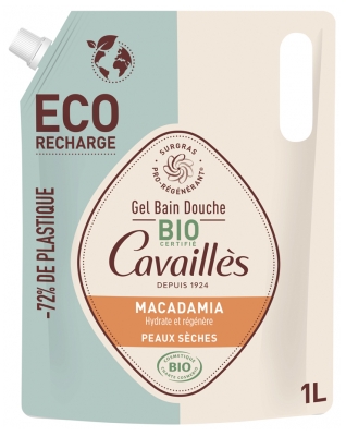 Cavaillès Gel Bain et Douche Huile de Macadamia Peaux Sèches Bio Éco-Recharge 1 L