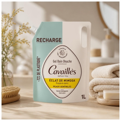 Cavaillès Gel Bain Douche Éclat de Mimosa Peaux Sensibles Éco-Recharge de 1 Litre