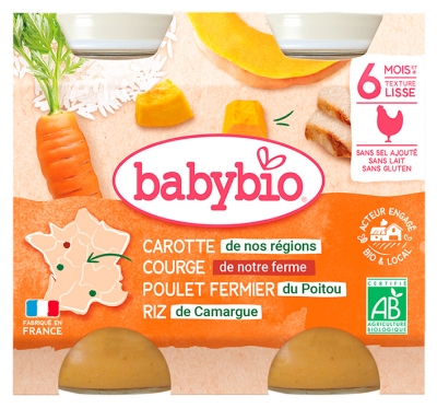 Babybio Carotte Butternut de Notre Ferme Poulet Fermier du Poitou Riz de Camargue Dès 6 Mois 2 x 200 g