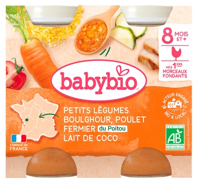 Babybio Petits Légumes Poulet Fermier Boulghour Lait de Coco 8 Mois et + Bio 2 Pots de 200 g