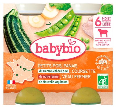 Babybio Petits Pois Courgette Panais Veau Fermier 6 Mois et + Bio 2 Pots de 200 g