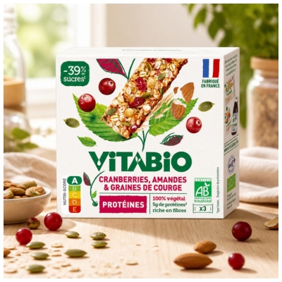 Vitabio Amandes Cranberries & Graines de Courge Protéines Bio 3 Barres