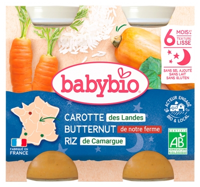 Babybio Bonne Nuit Butternut Carotte Riz 6 Mois et + Bio 2 Pots de 200 g