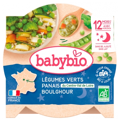 Babybio Bonne Nuit Poêlée de Légumes Verts Boulghour Panais 12 Mois et + Bio 230 g