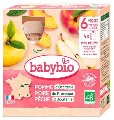Babybio Pomme de Nouvelle-Aquitaine Poire de Provence Pêche d'Occitanie