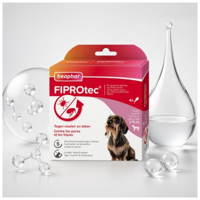 Beaphar Fiprotec 67 mg Solution Spot-On Petit Chien 2 à 10 kg Puces et Tiques 4 Pipettes