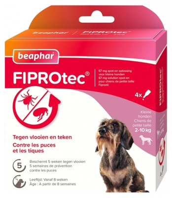 Beaphar Fiprotec 67 mg Solution Spot-On Petit Chien 2 à 10 kg Puces et Tiques 4 Pipettes