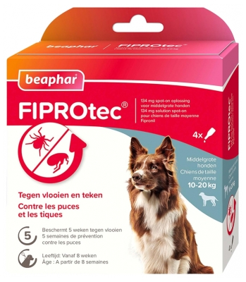 Beaphar Fiprotec 134 mg Solution Spot-On Chien Taille Moyenne 10 à 20 kg 4 Pipettes