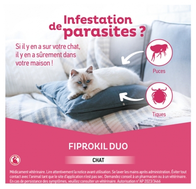 Clément Thékan Fiprokil Duo Chat 1 à 12 kg Antiparasitaire Puces et Tiques 4 Pipettes 0,5 ml