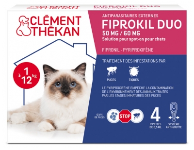 Clément Thékan Fiprokil Duo Chat 1 à 12 kg Antiparasitaire Puces et Tiques 4 Pipettes 0,5 ml