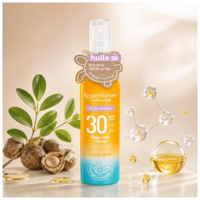 Respectueuse Huile Solaire Visage Corps Cheveux SPF30 100 ml