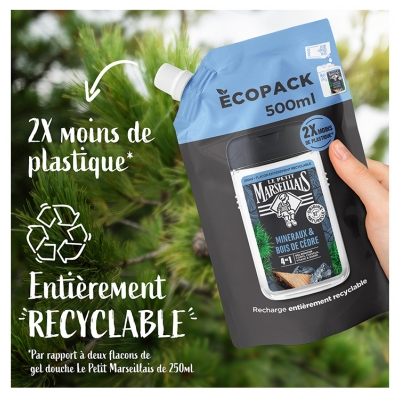 Le Petit Marseillais Gel Douche Rafraîchissant 4 en 1 Minéraux & Bois de Cèdre Eco Recharge 500 ML