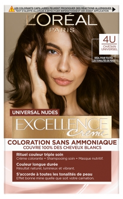 L'Oréal Paris Excellence Crème Universal Nudes Coloration Triple Soin Sans Ammoniaque 192 ml - Coloration : 4U Châtain Universel