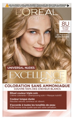 L'Oréal Paris Excellence Crème Universal Nudes Coloration Triple Soin Sans Ammoniaque 192 ml - Coloration : 8U Blond Clair Universel