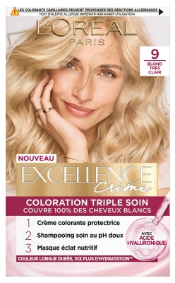 L'Oréal Paris Excellence Crème Coloration Triple Soin Acide Hyaluronique192 ml - Coloration : 9 Blond Très Clair