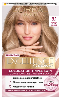L'Oréal Paris Excellence Crème Coloration Triple Soin Acide Hyaluronique192 ml - Coloration : 8.1 Blond Clair Cendré