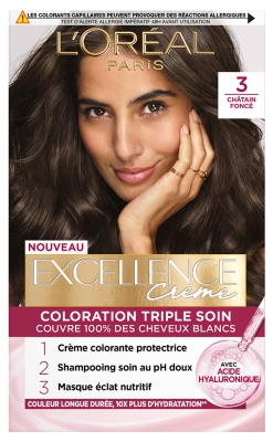 L'Oréal Paris Excellence Crème Coloration Triple Soin Acide Hyaluronique192 ml - Coloration : 3 Châtain Foncé
