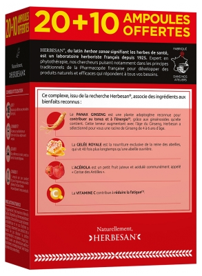 Herbesan Ginseng Gelée Royale Vitamine C Acérola 20 + 10 Ampoules Offertes