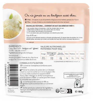 Popote Les Moulinés Chou-Fleur et Boulgour 8 Mois et + Bio 180 g