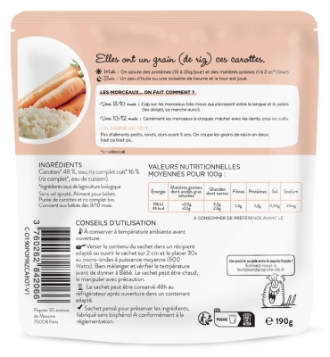 Popote Les Petits Morceaux Carottes et Riz Complet 8/10 Mois et + Bio 190 g