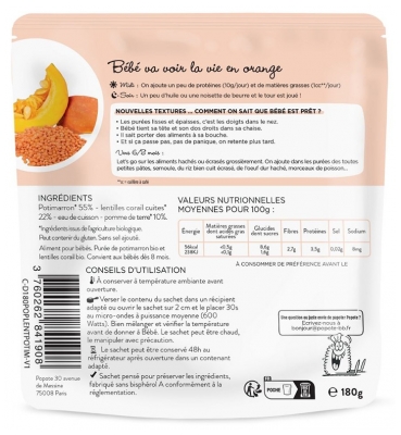 Popote Les Moulinés Potimarron et Lentilles Corail 8 Mois et + Bio 180 g