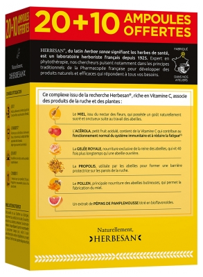 Herbesan Miel Gelée Royale Acerola Pollen Pamplemousse Propolis 30 Ampoules de 10 ml