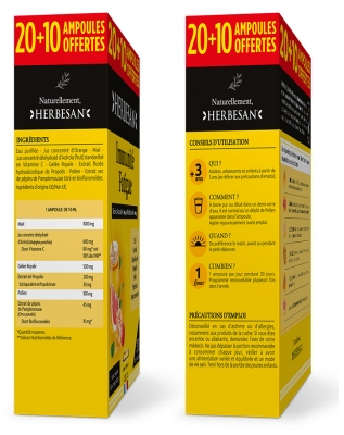 Herbesan Miel Gelée Royale Acerola Pollen Pamplemousse Propolis 30 Ampoules de 10 ml