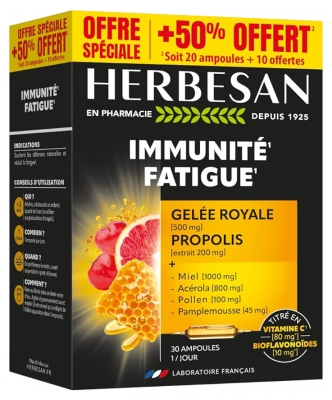 Herbesan Miel Gelée Royale Acerola Pollen Pamplemousse Propolis 30 Ampoules de 10 ml