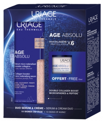 Uriage Age Absolu Sérum Micro-Redensifiant Booster Collagène Peaux Matures 30 ml +Âge Absolu Crème Rose Redensifiante 15 ml Offert
