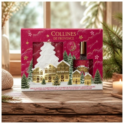 Collines de Provence Coffret 2 Sapins à Parfumer et Parfum d'Intérieur à l'Amande Litchi 50 ML