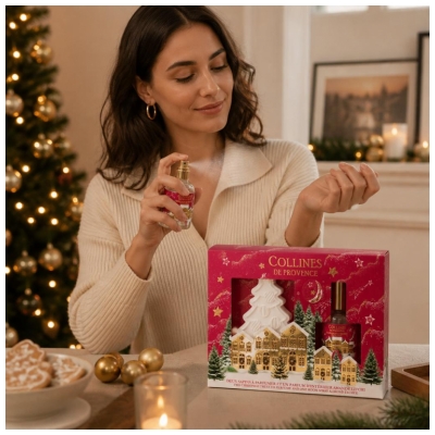 Collines de Provence Coffret 2 Sapins à Parfumer et Parfum d'Intérieur à l'Amande Litchi 50 ML