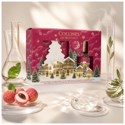 Collines de Provence Coffret 2 Sapins à Parfumer et Parfum d'Intérieur à l'Amande Litchi 50 ML