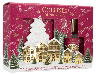 Collines de Provence Coffret 2 Sapins à Parfumer et Parfum d'Intérieur à l'Amande Litchi 50 ML