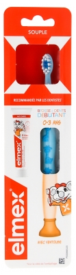 Elmex Débutant Brosse à Dents 0-3 Ans + Échantillon Tube 12 ml Dentifrice - Couleur : Bleu Ciel - Bleu