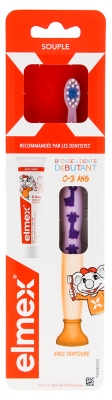 Elmex Débutant Brosse à Dents 0-3 Ans + Échantillon Tube 12 ml Dentifrice - Couleur : Mauve - Violet