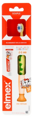 Elmex Débutant Brosse à Dents 0-3 Ans + Échantillon Tube 12 ml Dentifrice - Couleur : Jaune - Vert